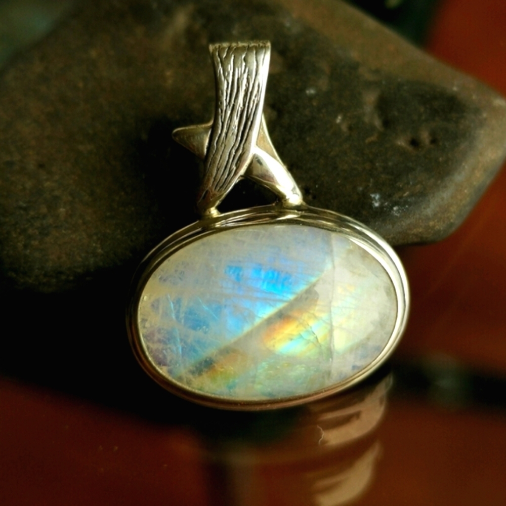 Rainbow Blue and Golden Flash Moonstone Sterling Silver Pendant 🆕